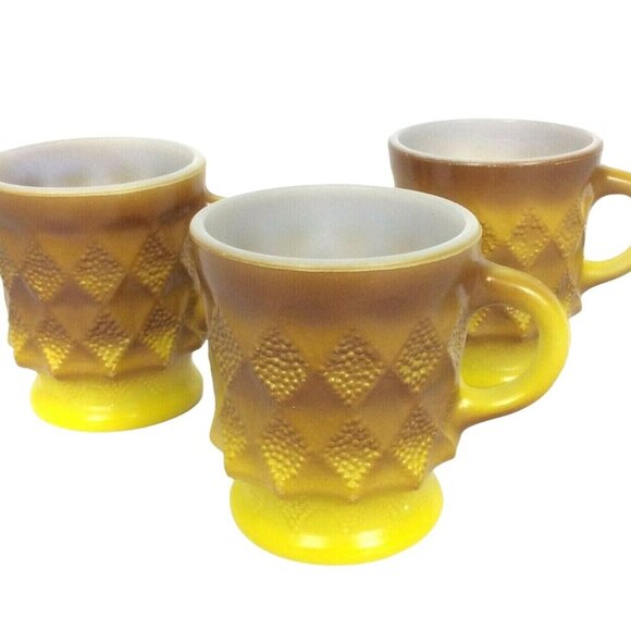 Anchor Hocking Fire King Kimberly Yellow Brown Diamond Coffee Mugs Set Of 3 - Picture 1 of 6